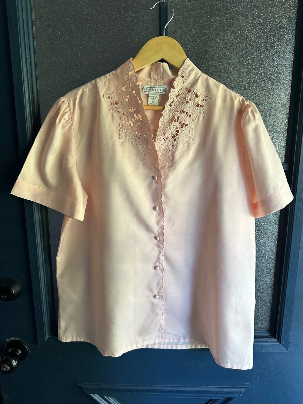 Vintage Light Pink Lace-Trim Button Down Top